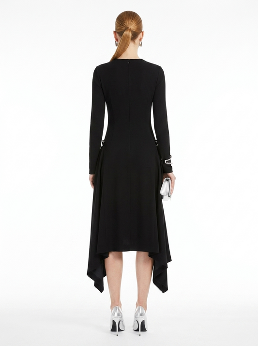 LadyLuxury | Asymmetric Sequined Draped Midi Dress - Avant-Garde Long Sleeve Evening Gown