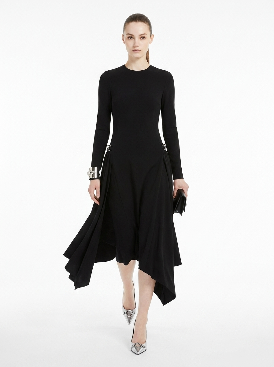 LadyLuxury | Asymmetric Sequined Draped Midi Dress - Avant-Garde Long Sleeve Evening Gown