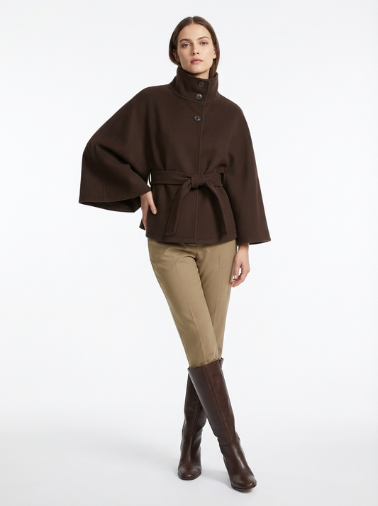 LadyLuxury | Wool Blend Cape Coat - Elegant A-Line Short Overcoat with Tie Belt