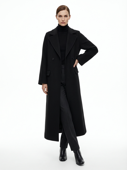 LadyLuxury | Minimalist Wool Blend Longline Overcoat in Midnight Black