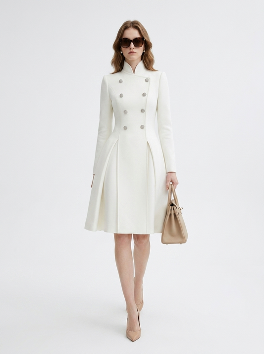 LadyLuxury | Regal Stand Collar Coat Dress - Elegant White Pleated Midi Dress