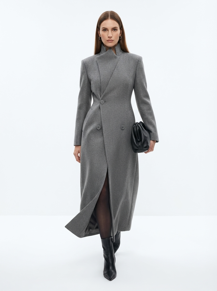 LadyLuxury | Architectural Wool Blend Long Coat - Structured Gray Overcoat
