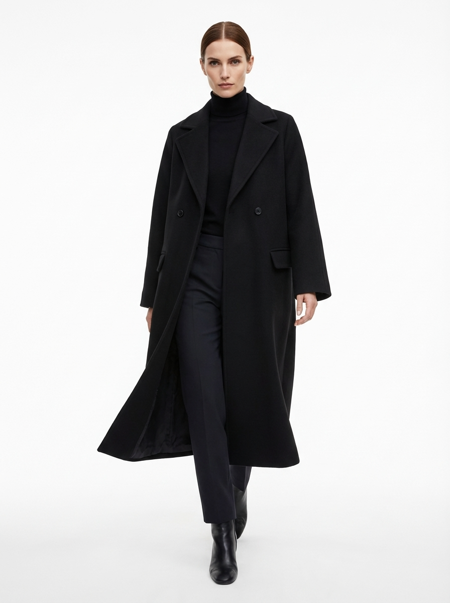 LadyLuxury | Minimalist Wool Blend Longline Overcoat in Midnight Black