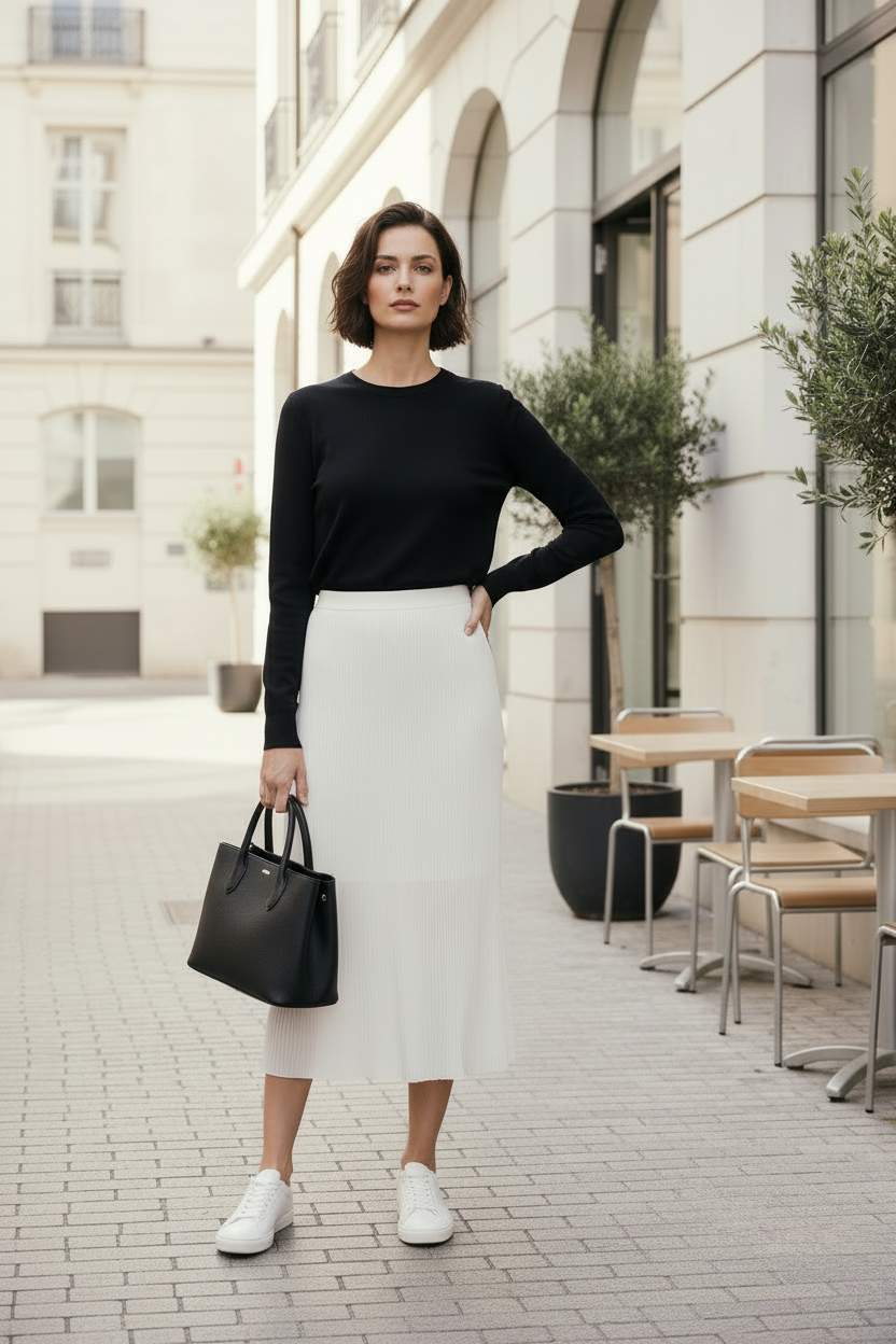 Woman in black top and white skirt standing on a city street with tables and chairs in the background.