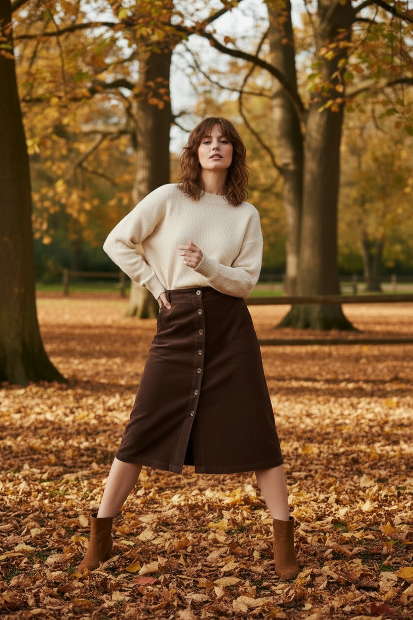 Woman standing in a park with autumn leaves and trees