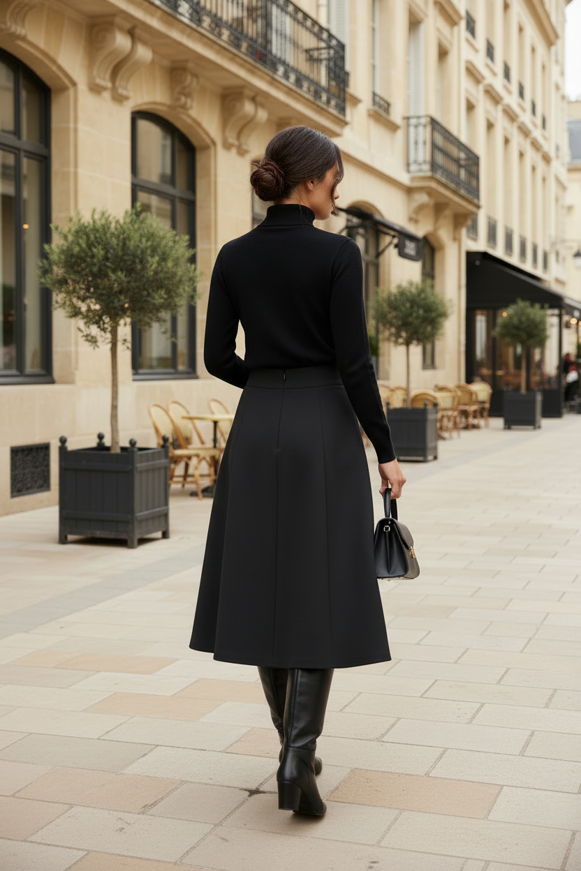 Woman in a black coat walking down a city street