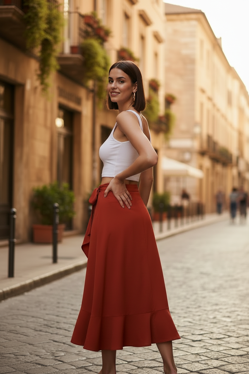 Woman in a white top and red skirt standing on a street with buildings in the background