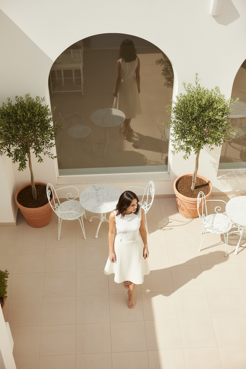 Woman in a white dress walking in a courtyard with potted trees and chairs.