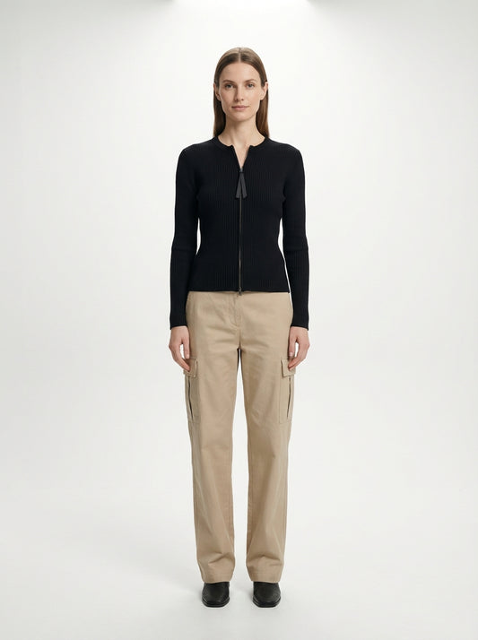 LadyLuxury | Ribbed Knit Zip-Up Cardigan - Balletcore Noir Cropped Sweater