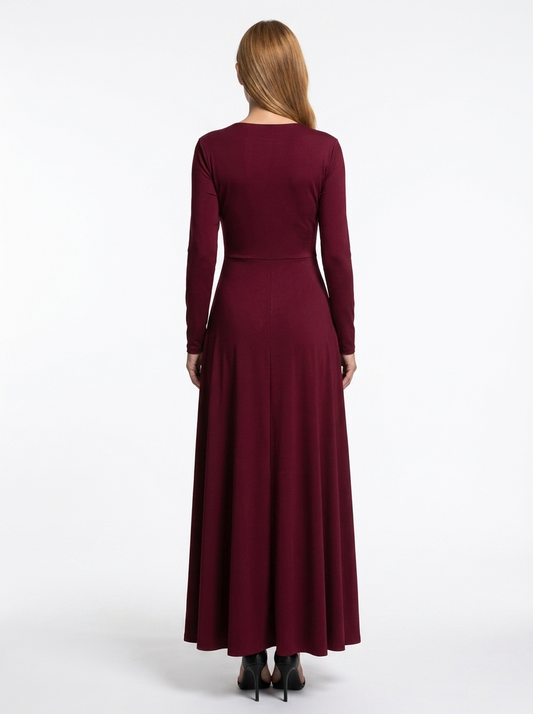 LadyLuxury | Elegant Wine Red A-Line Maxi Dress with Twisted Waist Detail