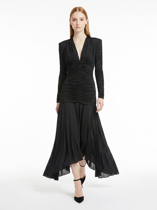 LadyLuxury | V-Neck Ruched Maxi Dress - Parisian Night Glamour Evening Gown