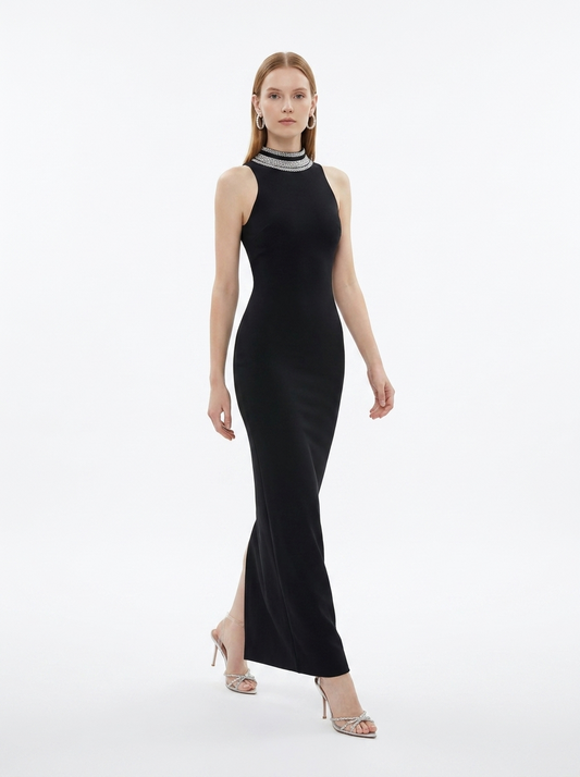 LadyLuxury | Spliced Bead Stand Neck Maxi Dress - Sleek Backless Evening Gown