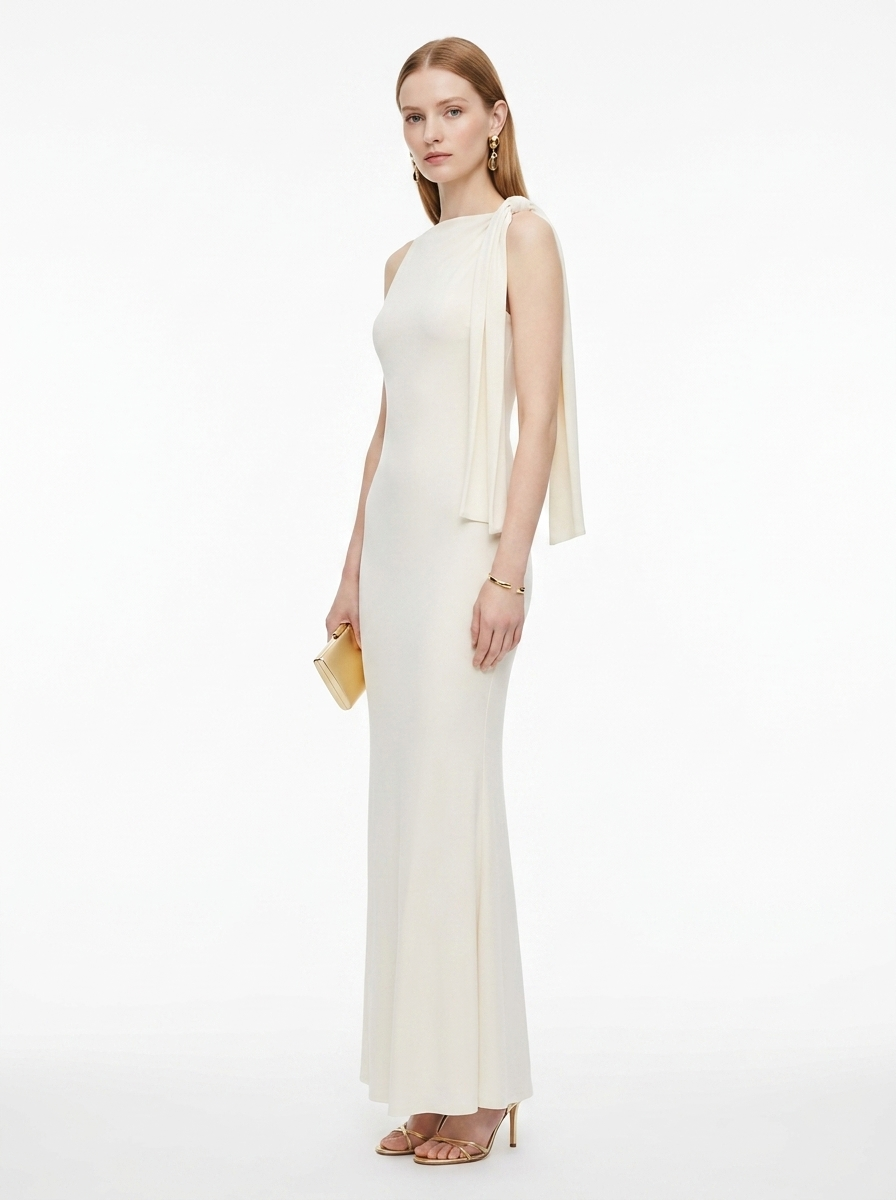 LadyLuxury | Sleek Draped Column Maxi Dress - Minimalist High Neck Evening Gown
