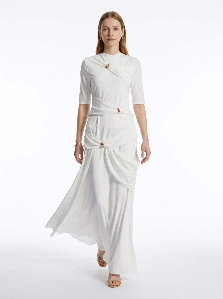 LadyLuxury | Draped Surrealist Maxi Dress with Gold Hardware - Elegant Long Sleeve Gown