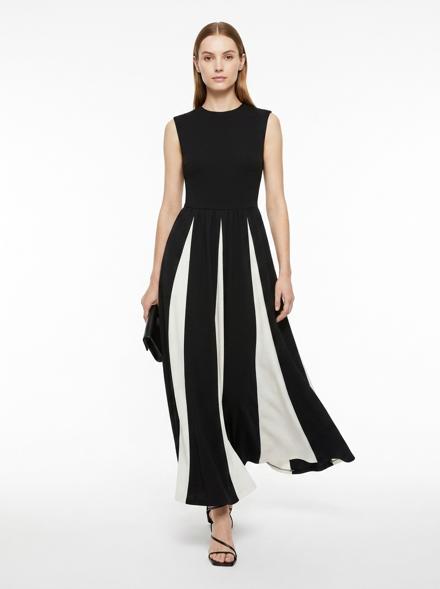 LadyLuxury | Architectural Monochrome Maxi Dress - Elegant Spliced Hem Evening Gown