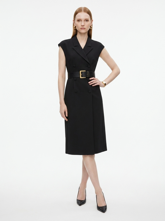 LadyLuxury | Sleeveless Double-Breasted Midi Blazer Dress with Gold-Tone Belt