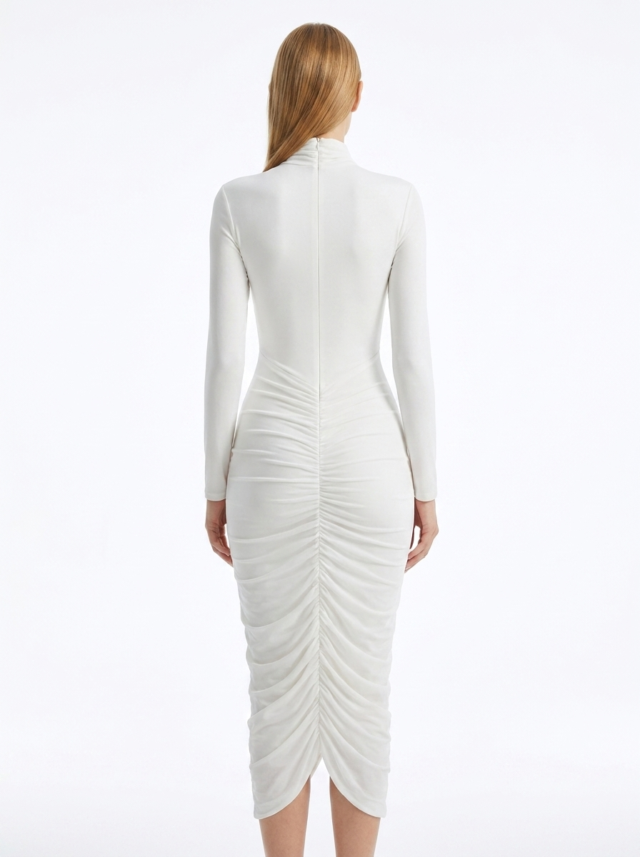 LadyLuxury | Modernist Ruched Midi Dress - High Neck Sculptural White Dress