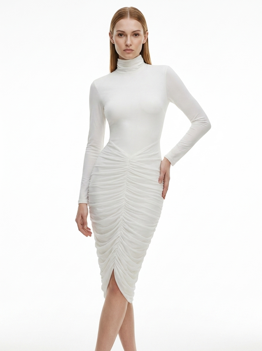 LadyLuxury | Modernist Ruched Midi Dress - High Neck Sculptural White Dress