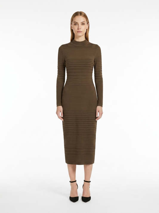 LadyLuxury | Ribbed Knit Bodycon Midi Dress - Minimalist Long Sleeve Tunic