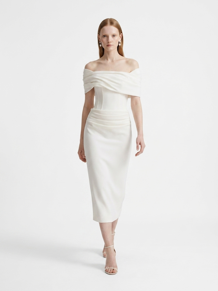 LadyLuxury | White Crepe Off-The-Shoulder Column Midi Dress