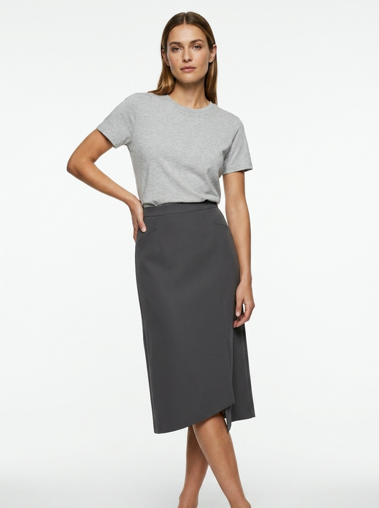 LadyLuxury | High-Waist Asymmetrical Slit Midi Skirt in Slate Grey
