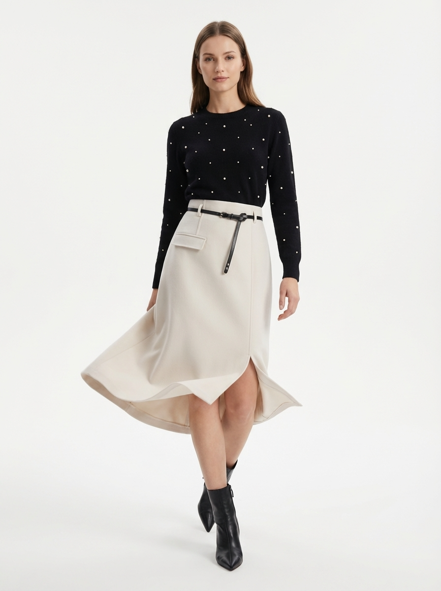 LadyLuxury | High-Waisted Wool Blend Midi Skirt with Belt - Elegant A-Line Split Skirt