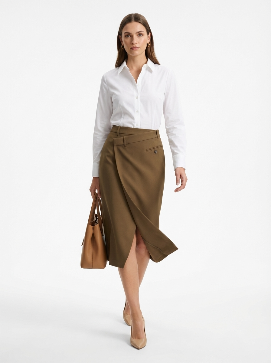 LadyLuxury | Minimalist Wrap A-Line Midi Skirt - Sophisticated Office Commuter Style