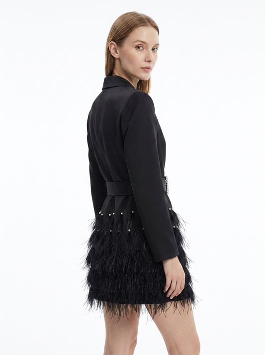 LadyLuxury | Feather-Trimmed Blazer Mini Dress with Rhinestone Buckle Belt
