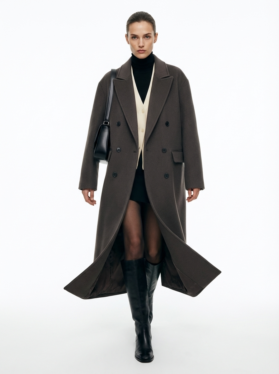 LadyLuxury | Minimalist Architectural Oversized Wool Overcoat - Dark Taupe Double-Breasted Longline Coat