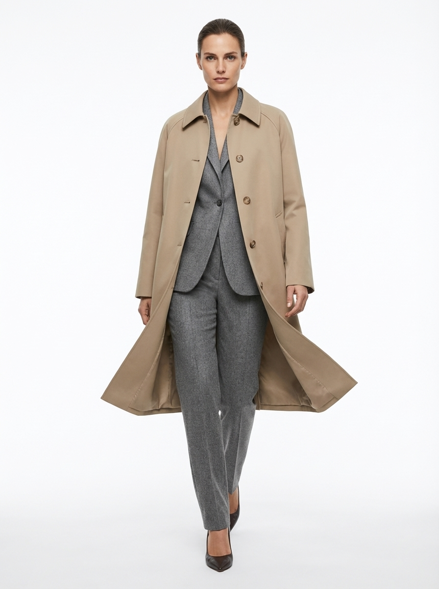 Woman wearing a beige trench coat over a gray suit on a white background