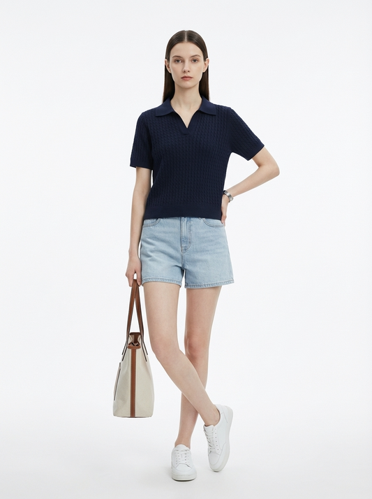 LadyLuxury | Women's Cable-Knit Short Sleeve Polo Sweater - Old Money Aesthetic