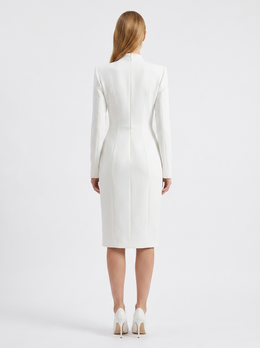 LadyLuxury | Architectural Minimalist Midi Dress - Structured White Formal Gown with Pockets