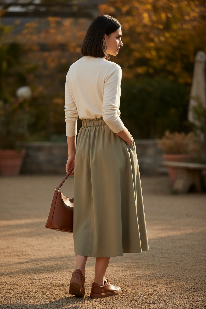 Woman in a cream sweater and green skirt holding a brown bag outdoors.