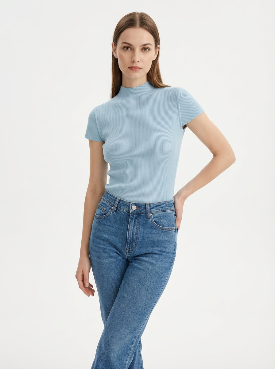 LadyLuxury | Semi-High Neck Short Sleeve Wool Knit Sweater - Parisian Slim Fit Top
