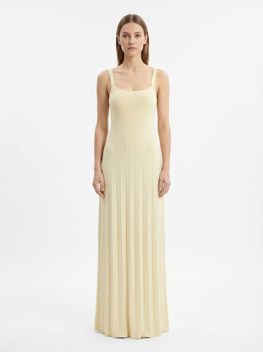 LadyLuxury | Knitted Square Neck Pleated Maxi Dress - Minimalist Summer Vacation Style