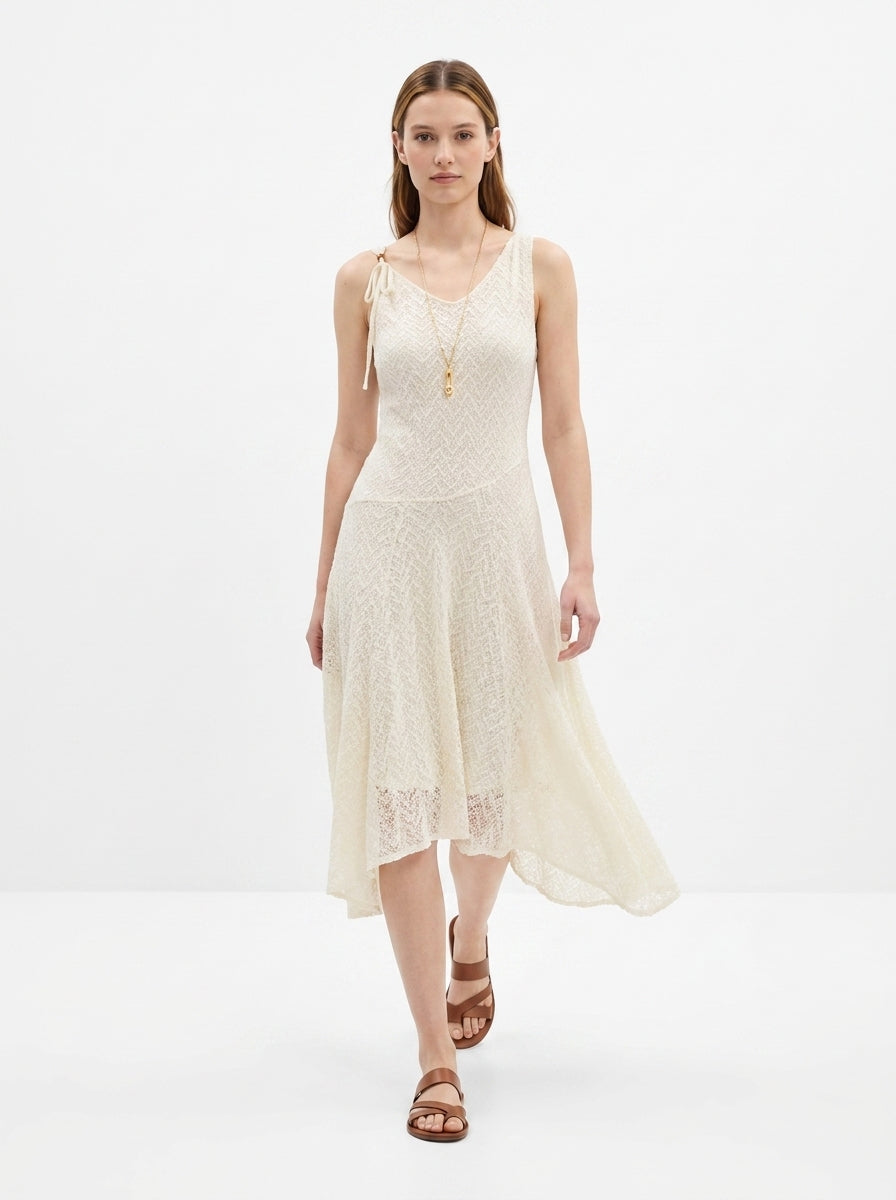 LadyLuxury | Lace Mesh V-Neck Pleated Sundress - Elegant Fairycore Beige Midi