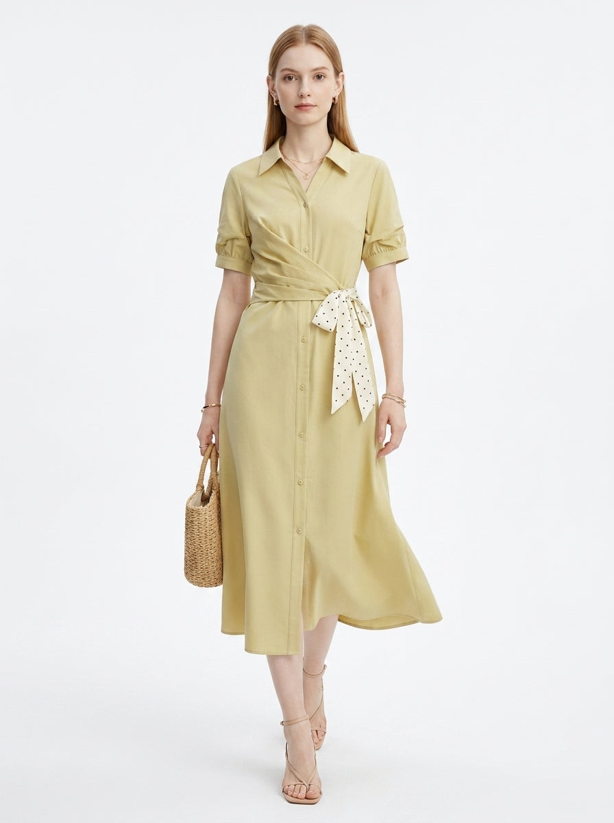 LadyLuxury | Women's Commuting V-Neck Shirt Dress - Elegant High-Waist A-Line Ribbon Dress in Yellow