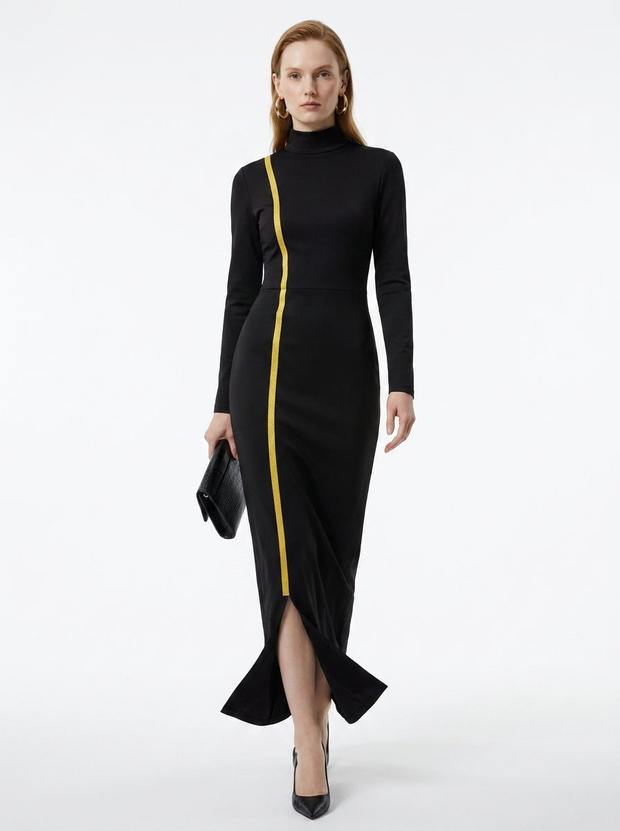 LadyLuxury | Elegant Gold Webbing High Neck Bodycon Maxi Dress in Black