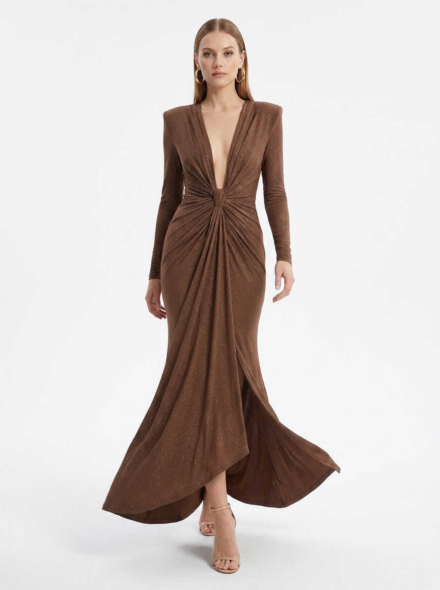 LadyLuxury | Elegant Pleated Floor-Length Evening Dress with V-Neck and Long Sleeves