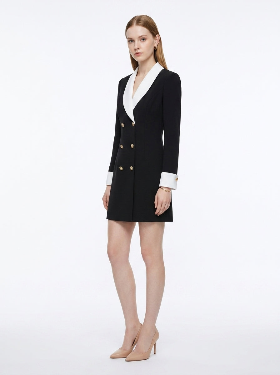 LadyLuxury | Black and White Contrast Lapel Slim Long Sleeve Commuter Dress