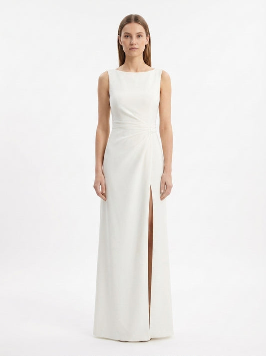 LadyLuxury | Minimalist Architectural White Maxi Dress - Elegant High Neck Sleeveless Evening Gown