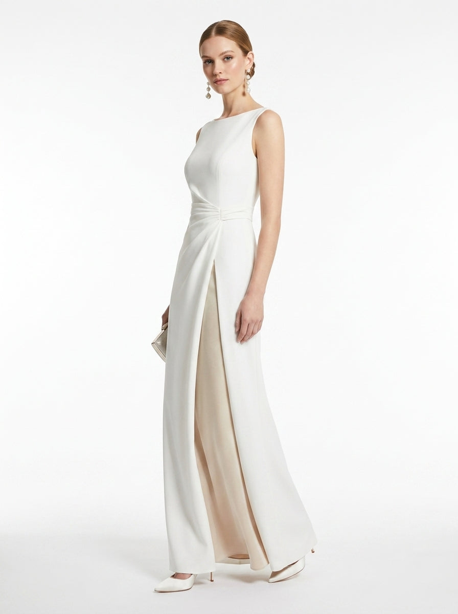 LadyLuxury | Minimalist Architectural White Maxi Dress - Elegant High Neck Sleeveless Evening Gown