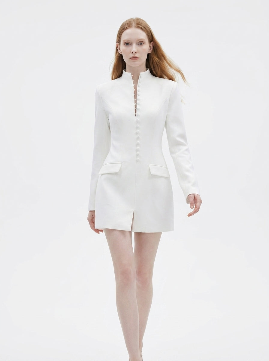 LadyLuxury | Modern Minimalist Blazer Dress - Structured Hourglass Suit Dress with Mandarin Collar