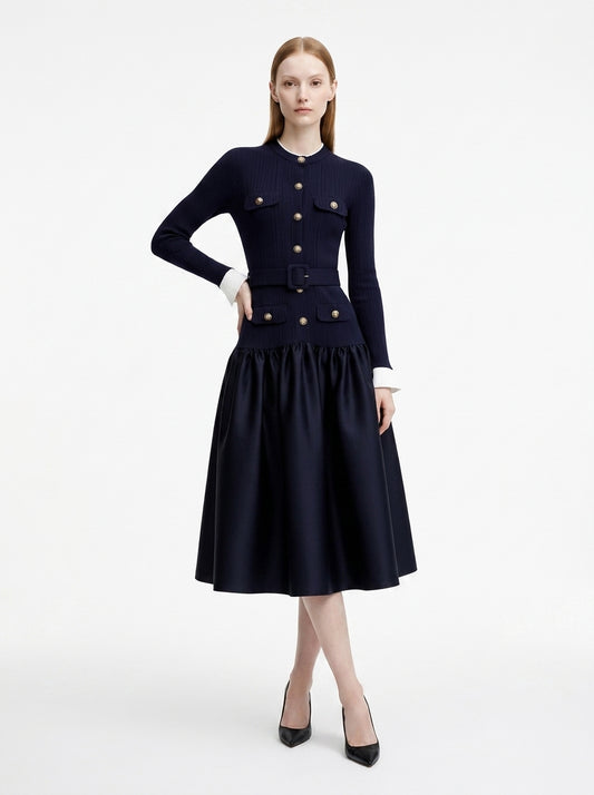 LadyLuxury | Navy Ribbed Knit Midi Dress - Old Money Gold Button Flare Dress