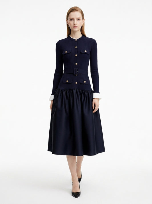LadyLuxury | Navy Ribbed Knit Midi Dress - Old Money Gold Button Flare Dress