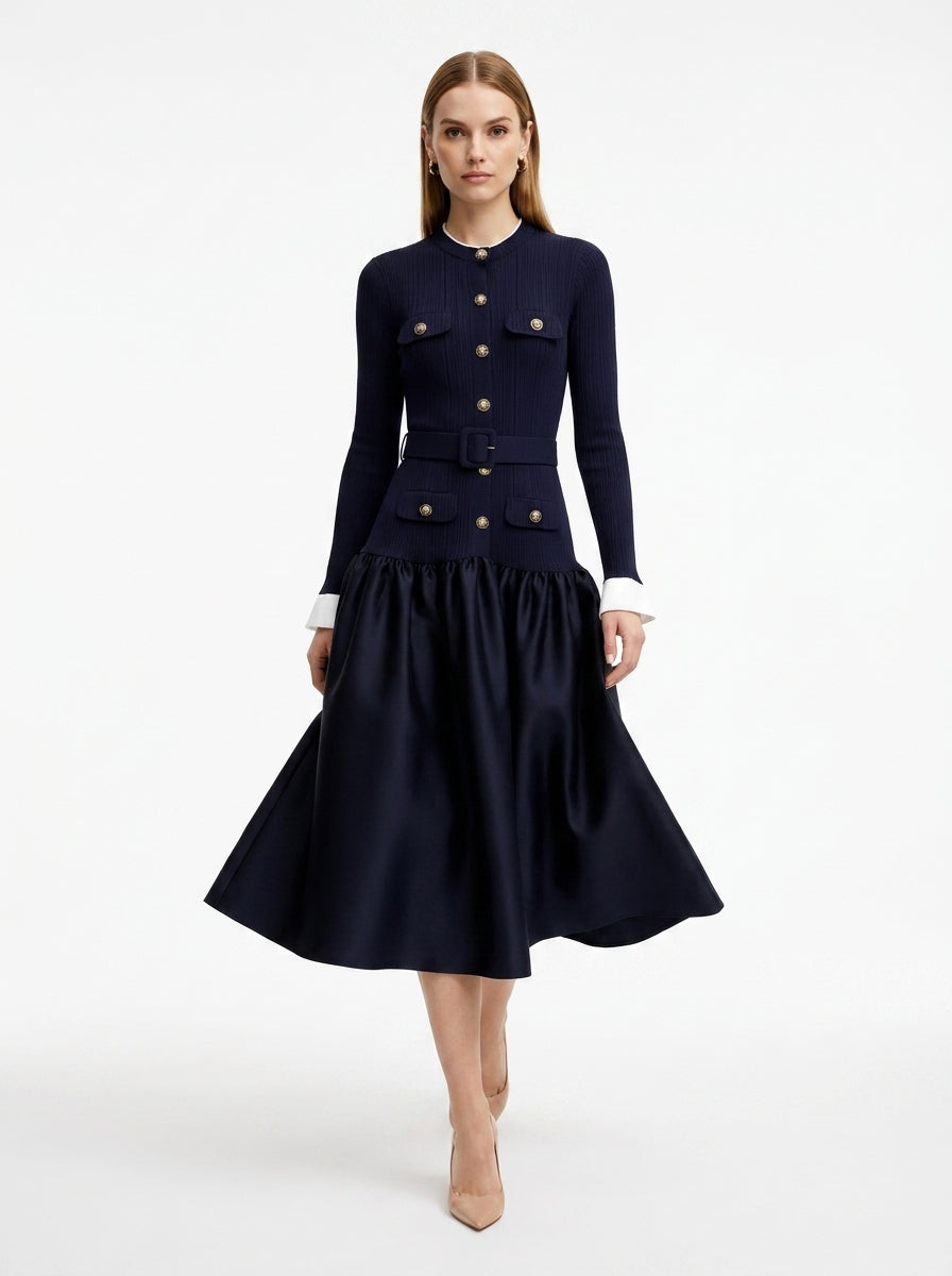 LadyLuxury | Navy Ribbed Knit Midi Dress - Old Money Gold Button Flare Dress