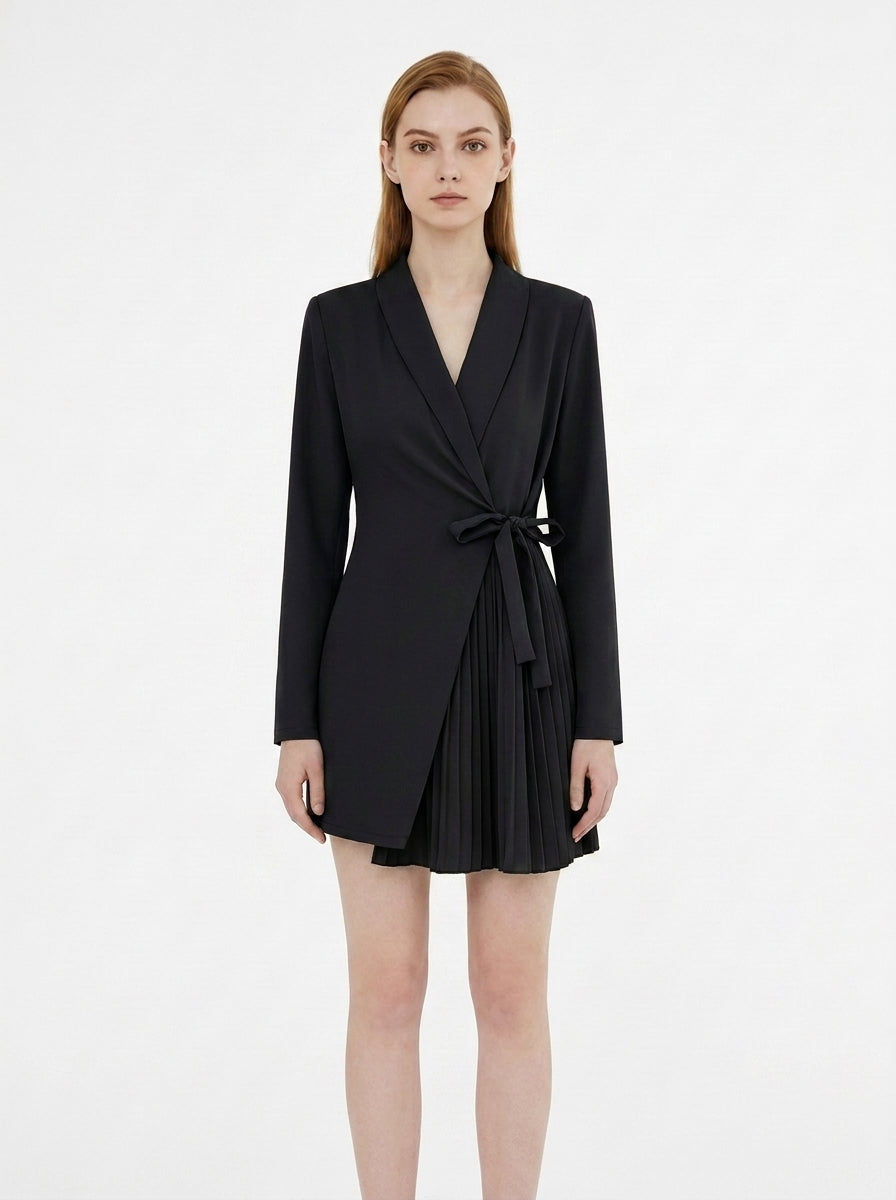 LadyLuxury | Elegant V-Neck Blazer Mini Dress - Pleated Hem & Lace-Up Waist