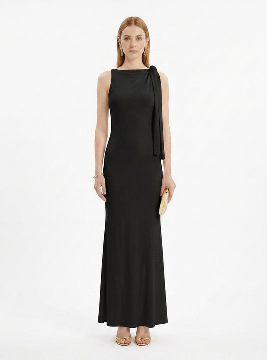 LadyLuxury | Sleek Draped Column Maxi Dress - Minimalist High Neck Evening Gown