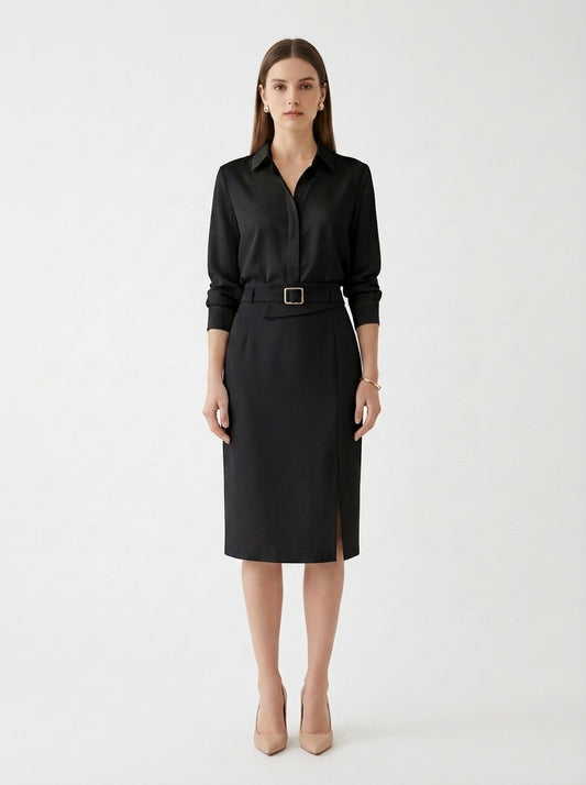 LadyLuxury | Sophisticated High-Waisted Midi Skirt with Belt - Minimalist Tailored Pencil Design