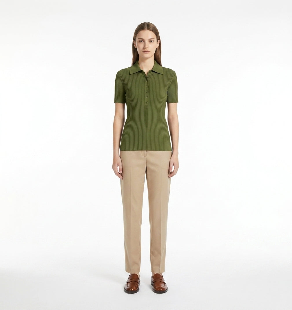 LadyLuxury | Slim Fit Ribbed Knit Polo Shirt - Classic Preppy Short Sleeve Top